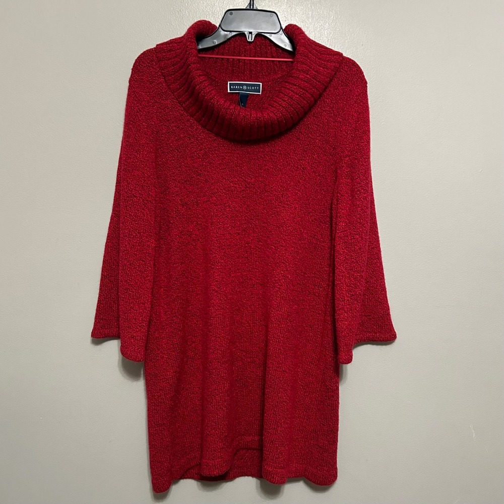 Karen Scott Women's Sweater M Red Cowl Neck Tunic Excellent 3/4 Sleeve Marled